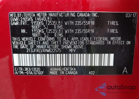 2017 Toyota Rav4 Se z USA, uszkodzony, nr VIN 2T3JFREVXHW622575